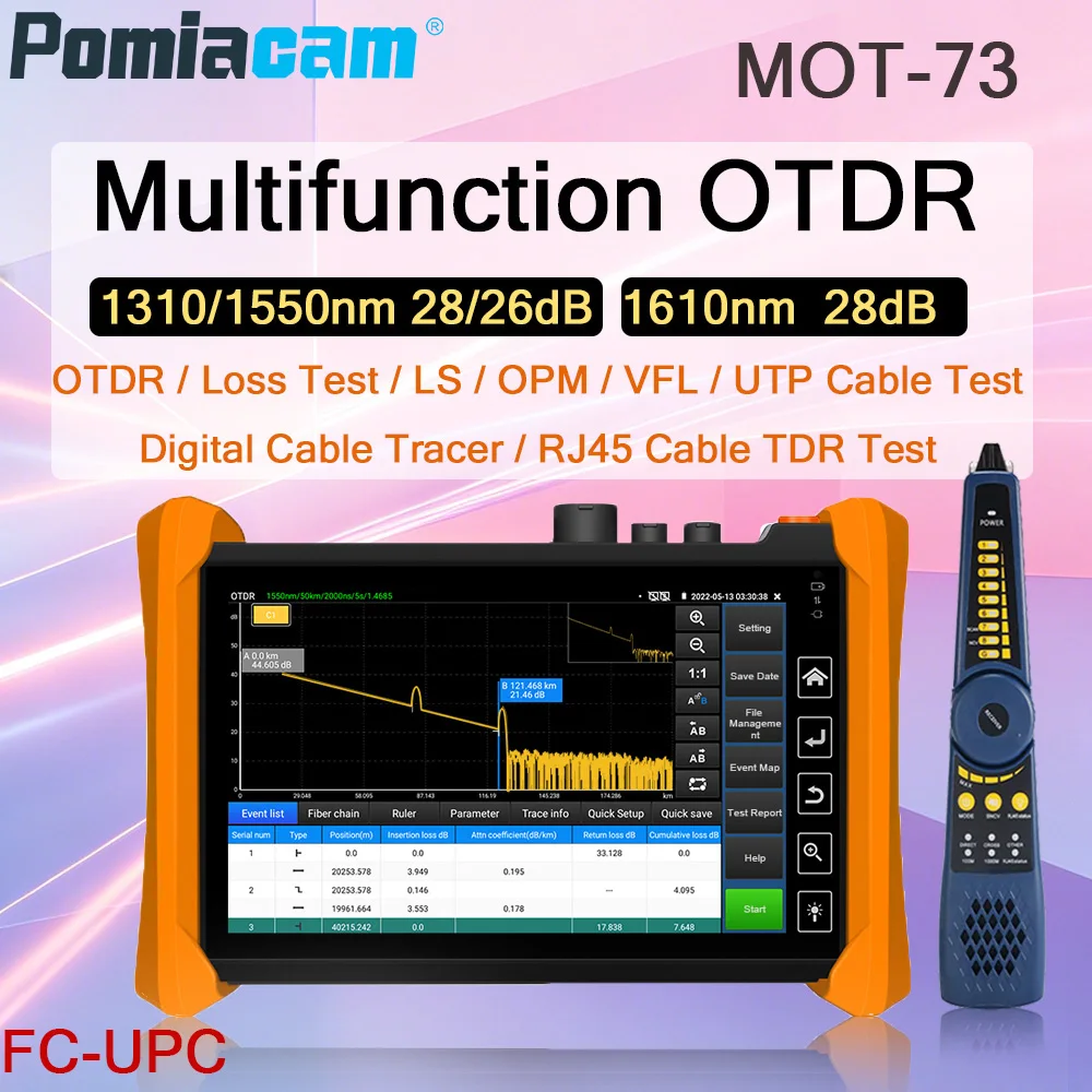 Professional OTDR Fiber Optic Tester 150KM Range Multi Function Cable Test VFL OPM LS Event Map RJ45 Cable Tester MOT-73