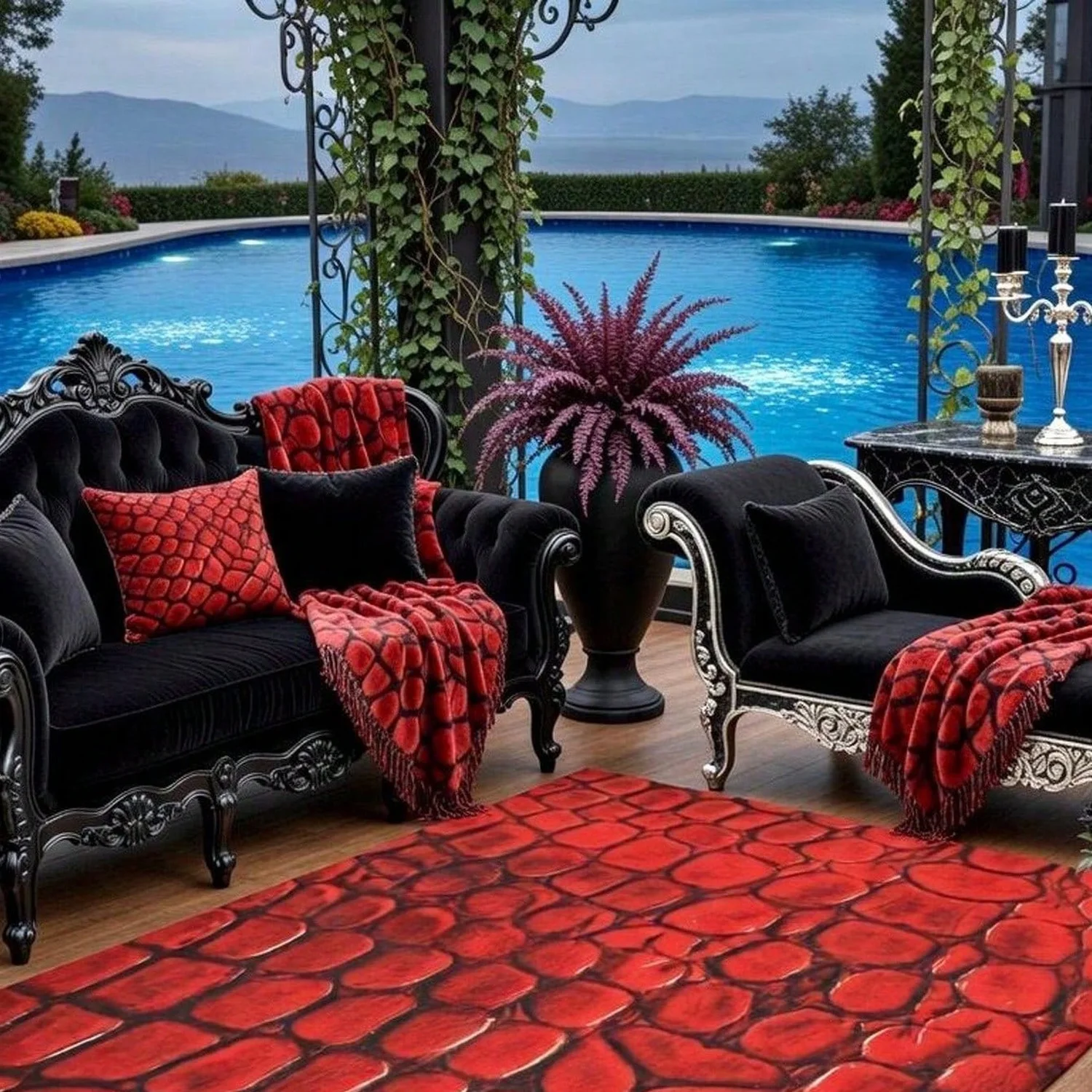 Minimalist Outdoor Carpet, Gothic-Style Deck Floor Mat, Red Animal Print Patio Mat, Exotic Reptile Texture Area Rug