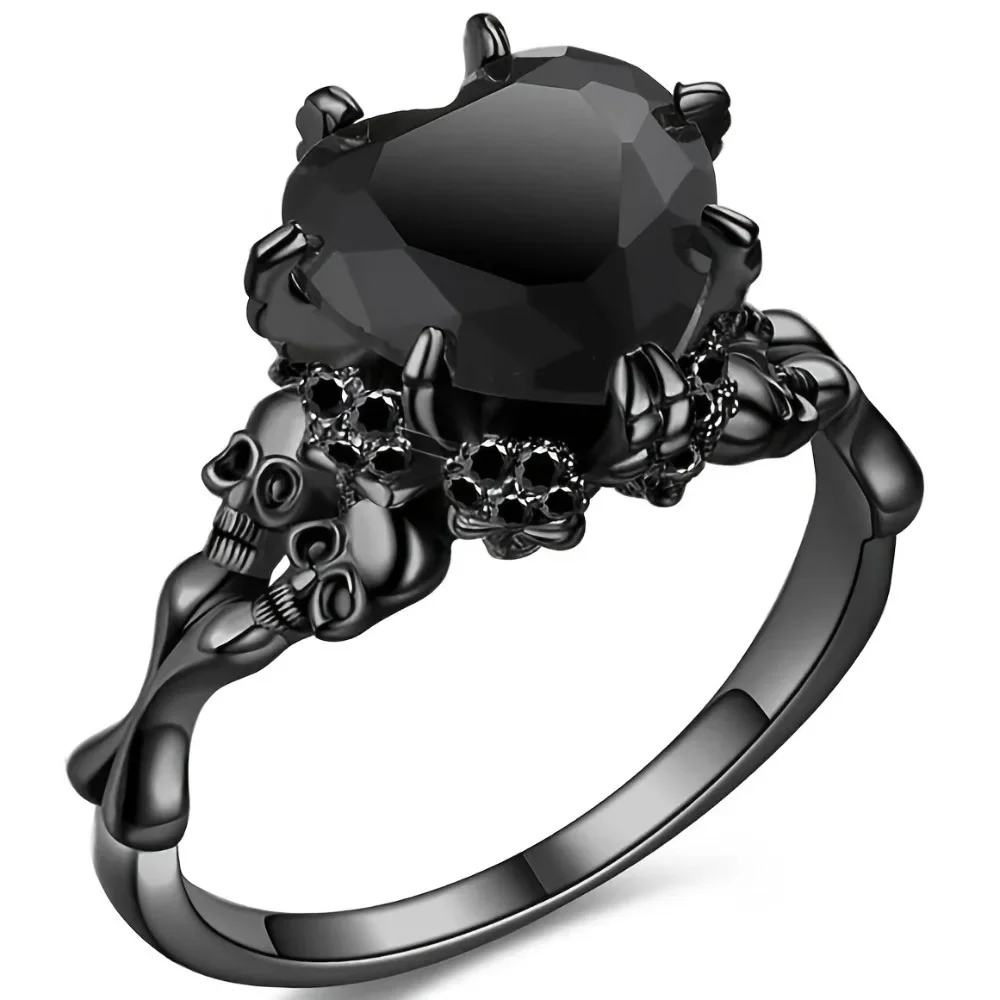 Gothic Style Promise Ring Inlaid Heart Shape Zircon Skull Design  Wedding Jewelry Perfect Halloween Gift For Your Lover