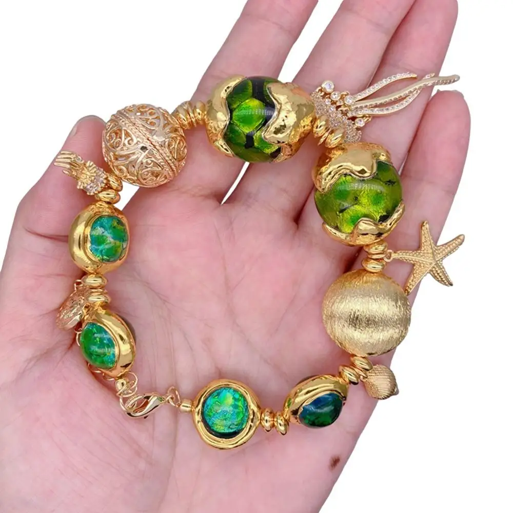 Y·YING Green Murano Glass White Pearl Gold Plated Charm Beaded Bracelet Handmade Fashion Jewelry image 5