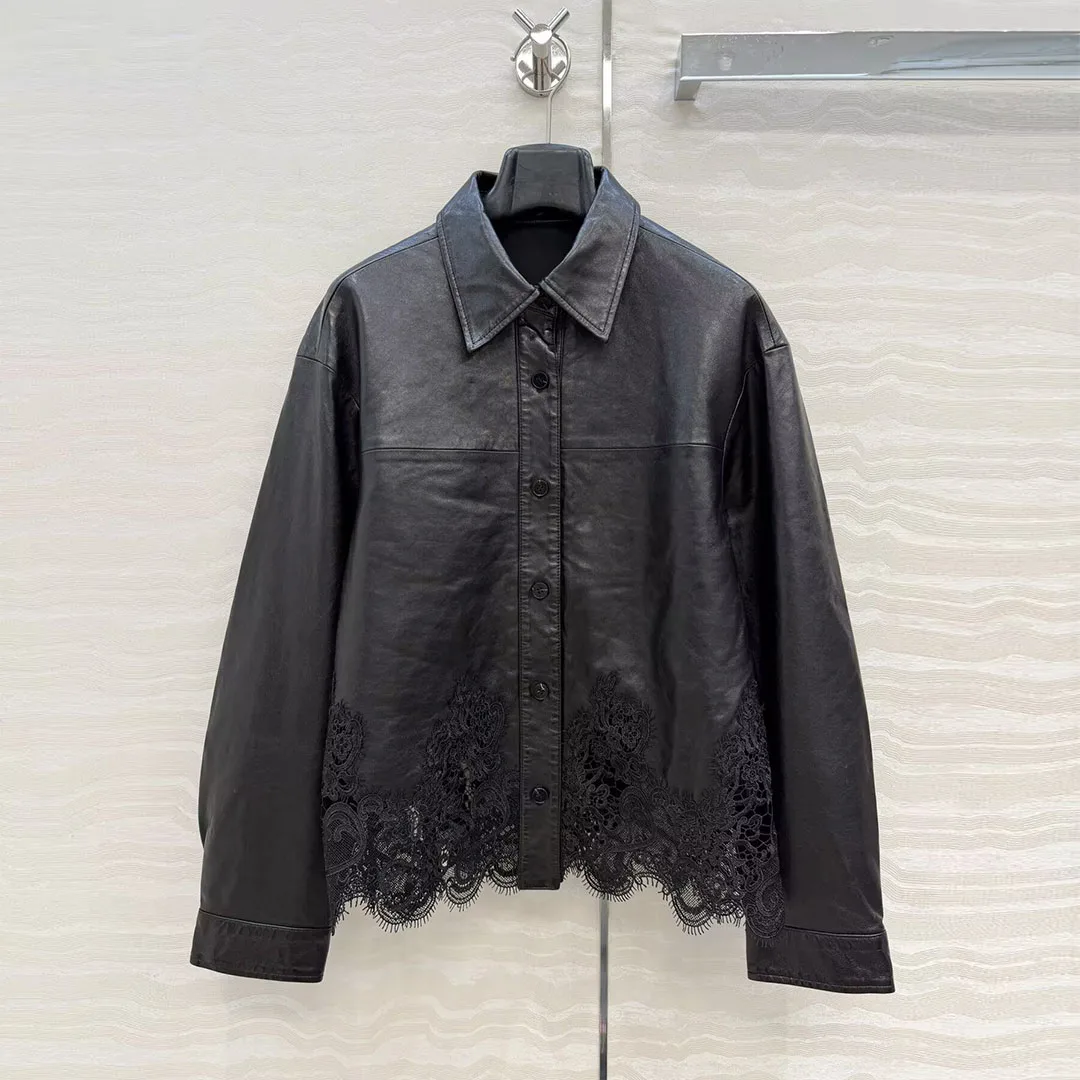 

Винтажное черное пальто из 100% овечьей кожи для женщин, с отложным воротником, на одной пуговице, с длинными рукавами, с кружевными вставками, шикарная дизайнерская куртка класса люкс
