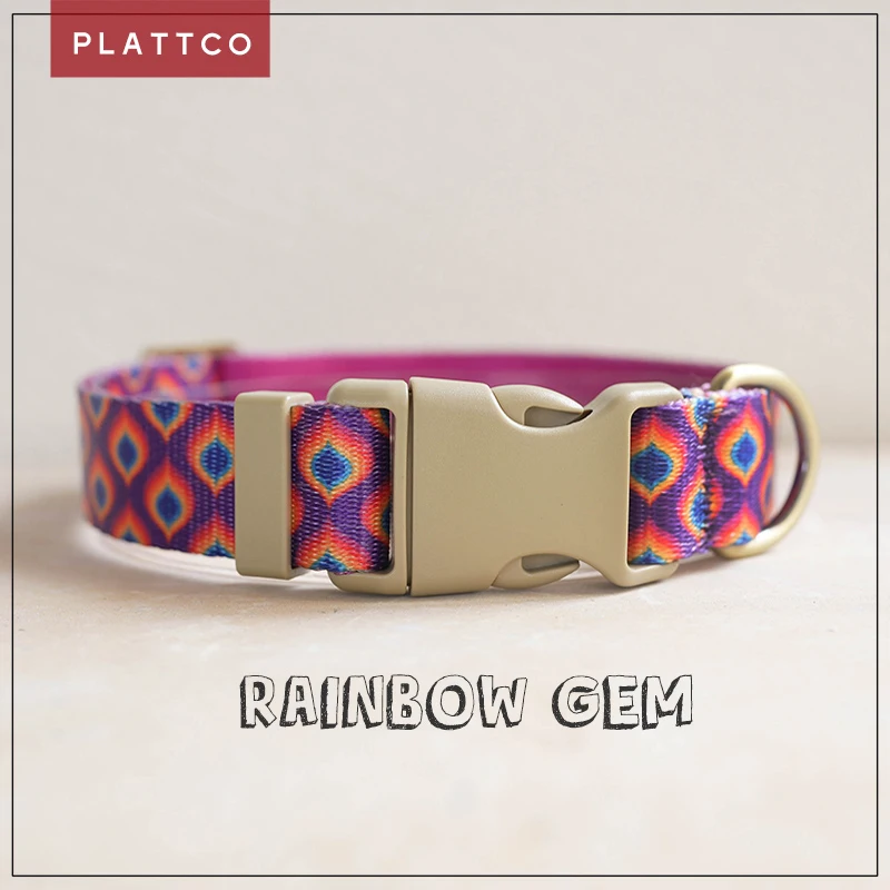 PLATTCO Manufacturers Custom Colorful Heat Transfer Pet With Leash Adjustable Dog Collar Rainbow Gem PDC362