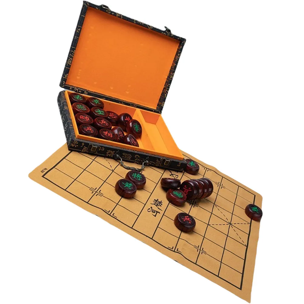 1Set Chinese Chess Wooden Design Portable Board Game Indoor Outdoor Travel Educational Chess Set for Adults Kids