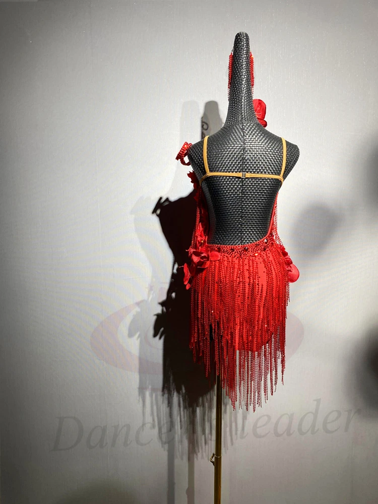 

Латинские танцоры, взрослые, дети, высококачественный индивидуальный костюм с большим красным цветком, платье для выступлений из камня Танго Самба AB