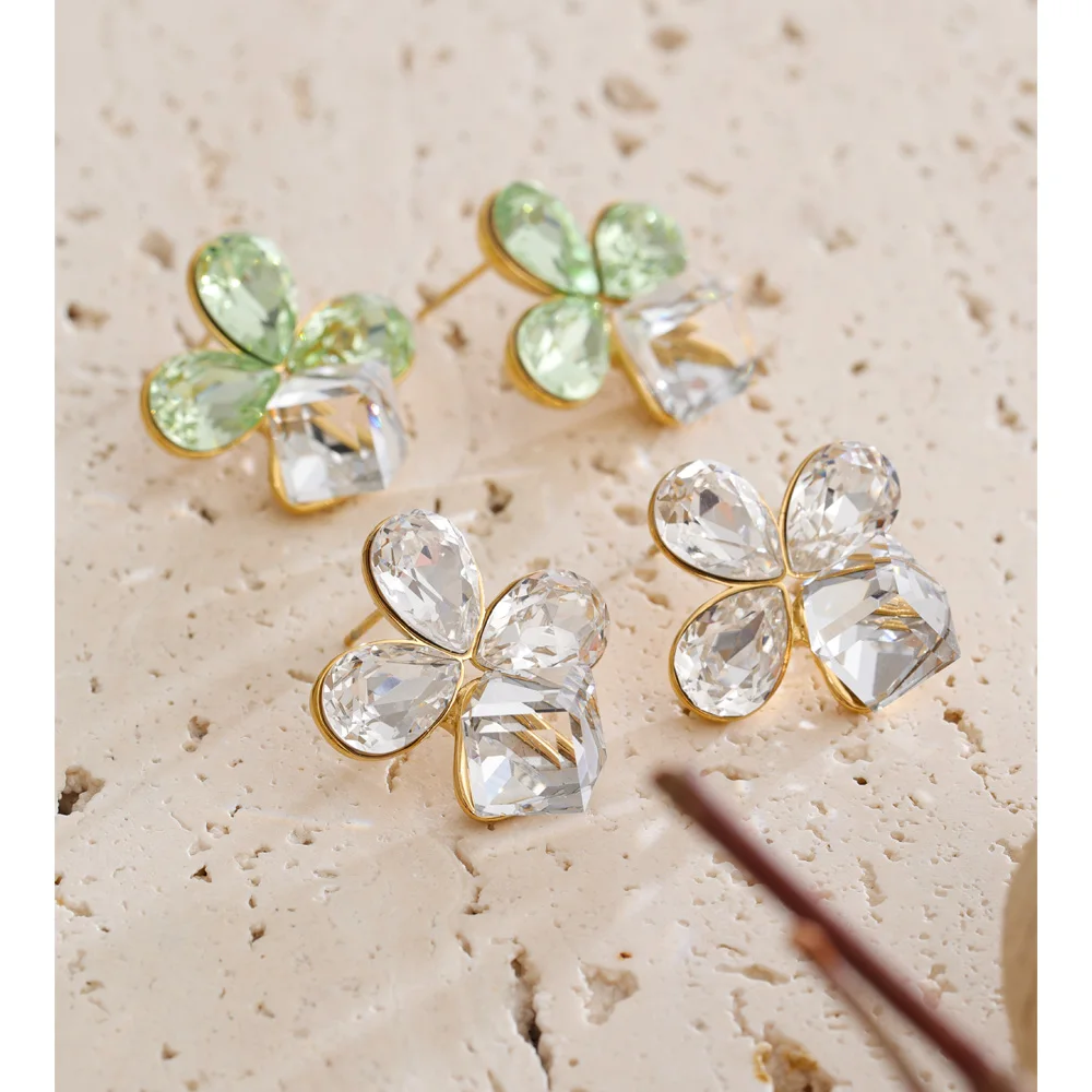Yhpup Shiny K9 Crystal Square Flowers Stud Earrings High Quality Stainless Steel Fashion Fresh Aesthetic Jewelry
