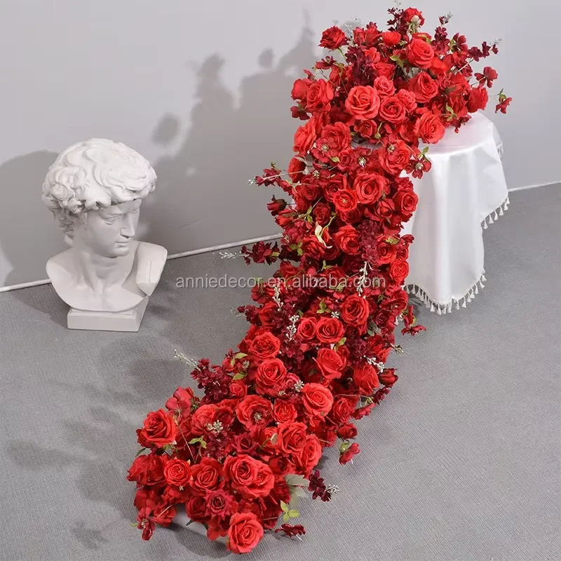 Custom Red White Pink Artificial Rose Runners for Wedding Aisle Table Decoration Modern Party Event Stage Background Panel