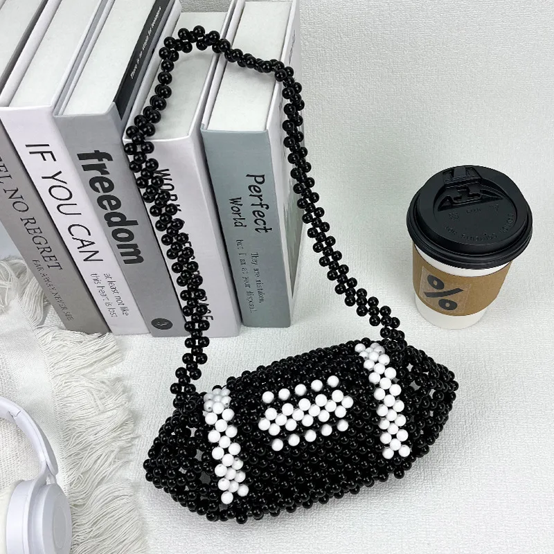 

Handmade Beaded Acrylic Pillow Bag Fashionable Hollow Out Rugby Shaped Shoulder Bag Color Blocking Woven Design Handbag