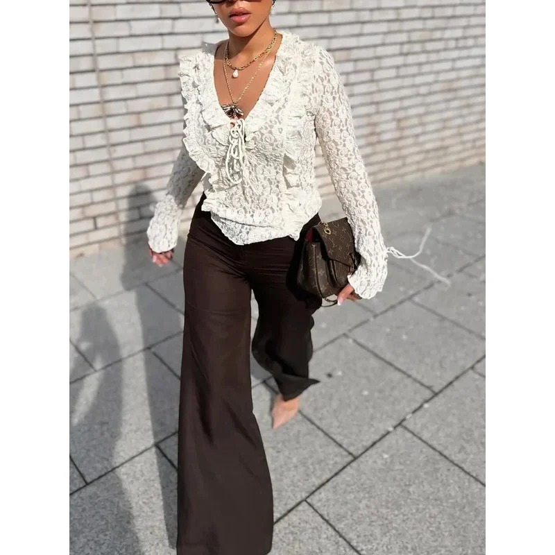 Women's Chic V-Neck Long Sleeve See-Through Solid Color Top Y2K Fashion Summer Sexy Layered Lace Top Transparent Clothing