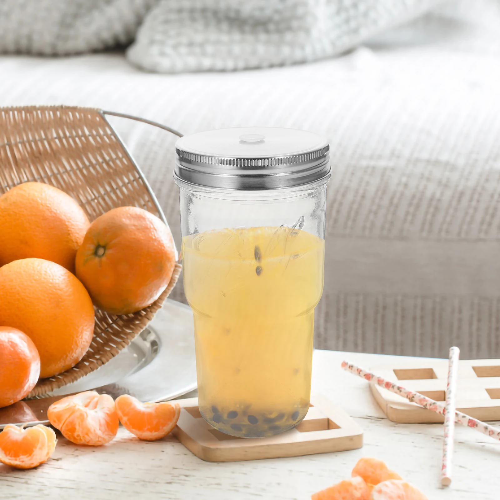 

Stainless Steel Beverage Cover Jar Lid with Straw Hole Drinking Lids Wide Mouth Masson Canning