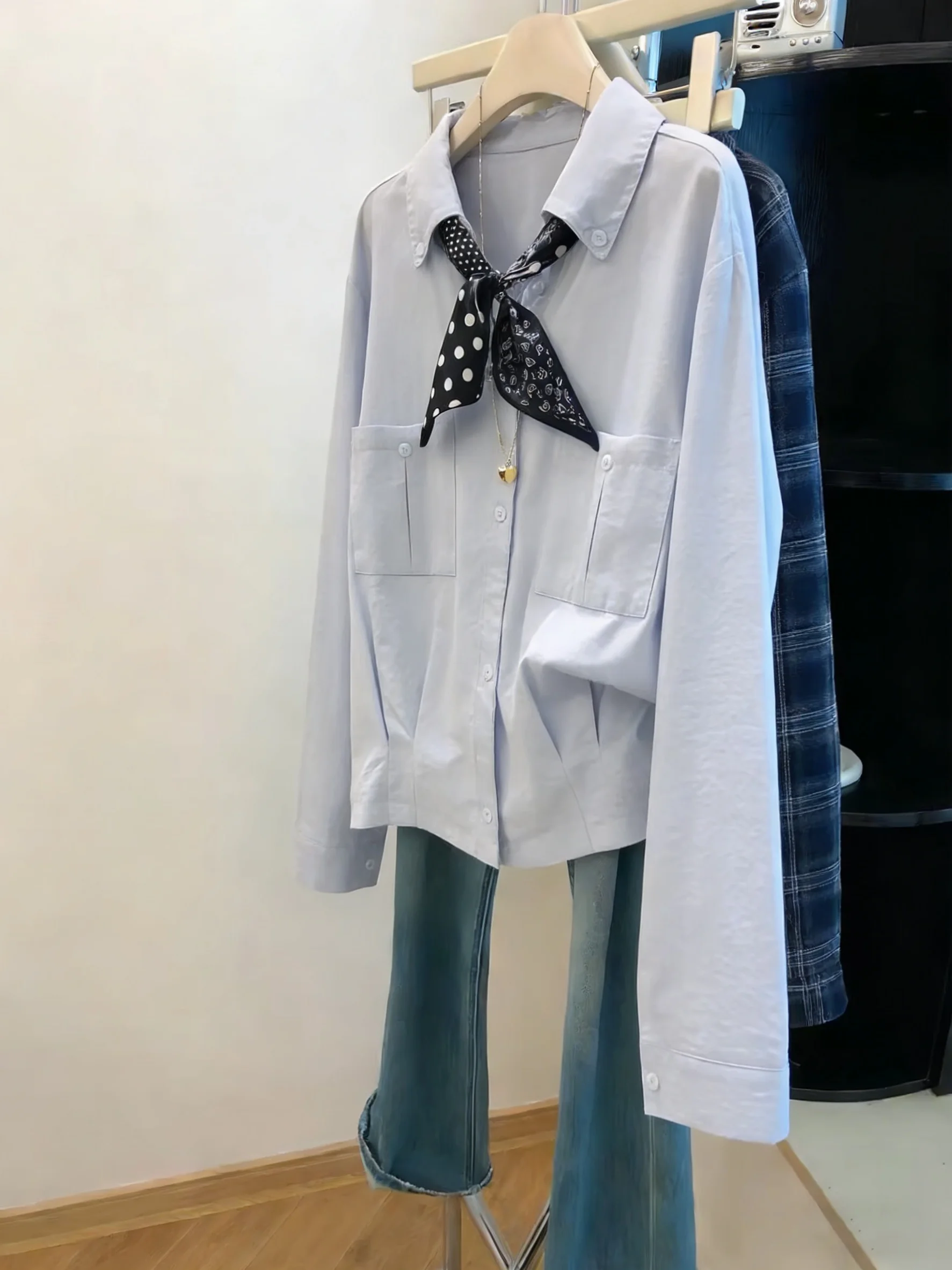 

Ele Long Sve Ne Silk Scarf Women's irt Casual Loose Fit ort Sle Faionable Spring Autumn Top