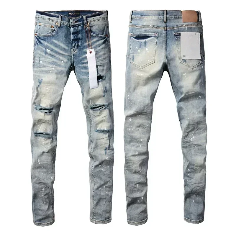 

2024 Purples Man jeans brands high street blue ripped distressed fashion repair low rise skinny denim trousers pants