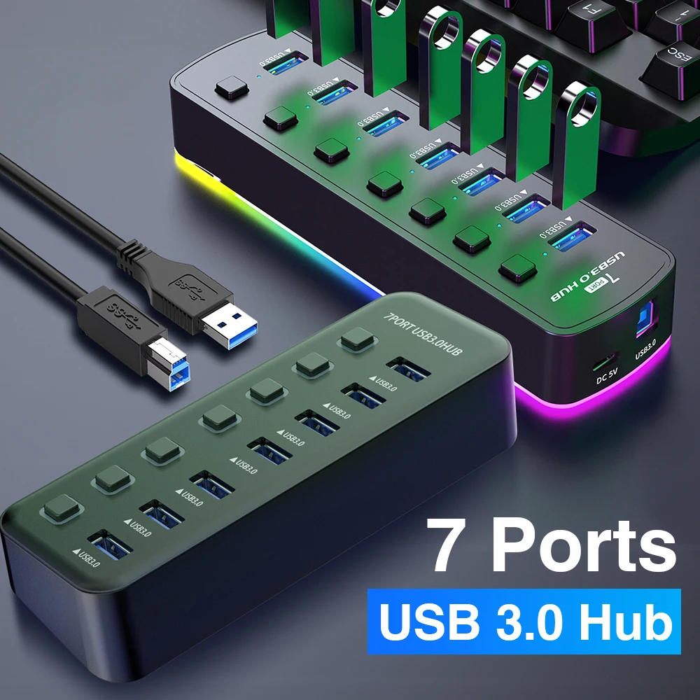 Hub usb 3.0 rgb, adaptador de porta de dados de 7 portas, 5gbps, alta velocidade, interruptor liga/desliga individual, divisor, estação de acoplamento de extensão usb