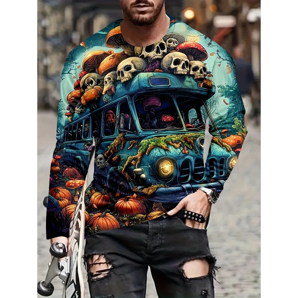 الرجال حجم كبير ثلاثية الأبعاد طباعة كم طويل تي شيرت عادية رياضي سترتش آلة قابل للغسل الجولة الرقبة المتضخم Y2K الشارع الشهير #2