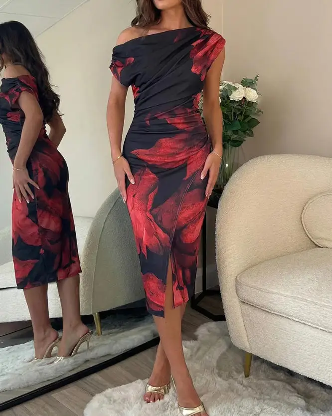 

Women's Dress Summer New Fashionable Elegant Dress with Petal Print and Sloping Collar Design High Waist Hip Hugging Dress