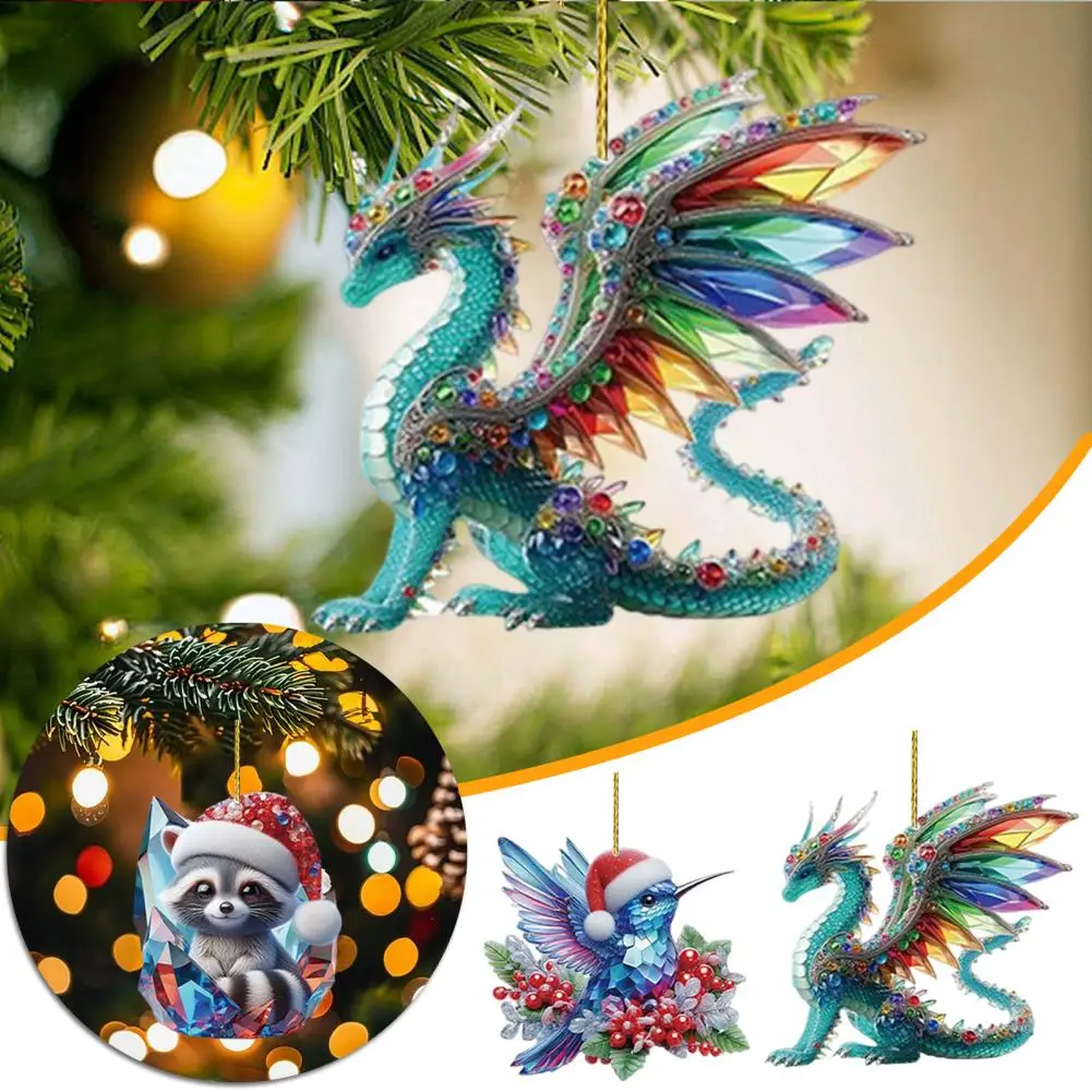 1/12Pcs Animals Christmas Ornaments 2D Faux Crystal Animal Christmas Tree Hanging Decor Acrylic Ornament For Holiday Home Decor