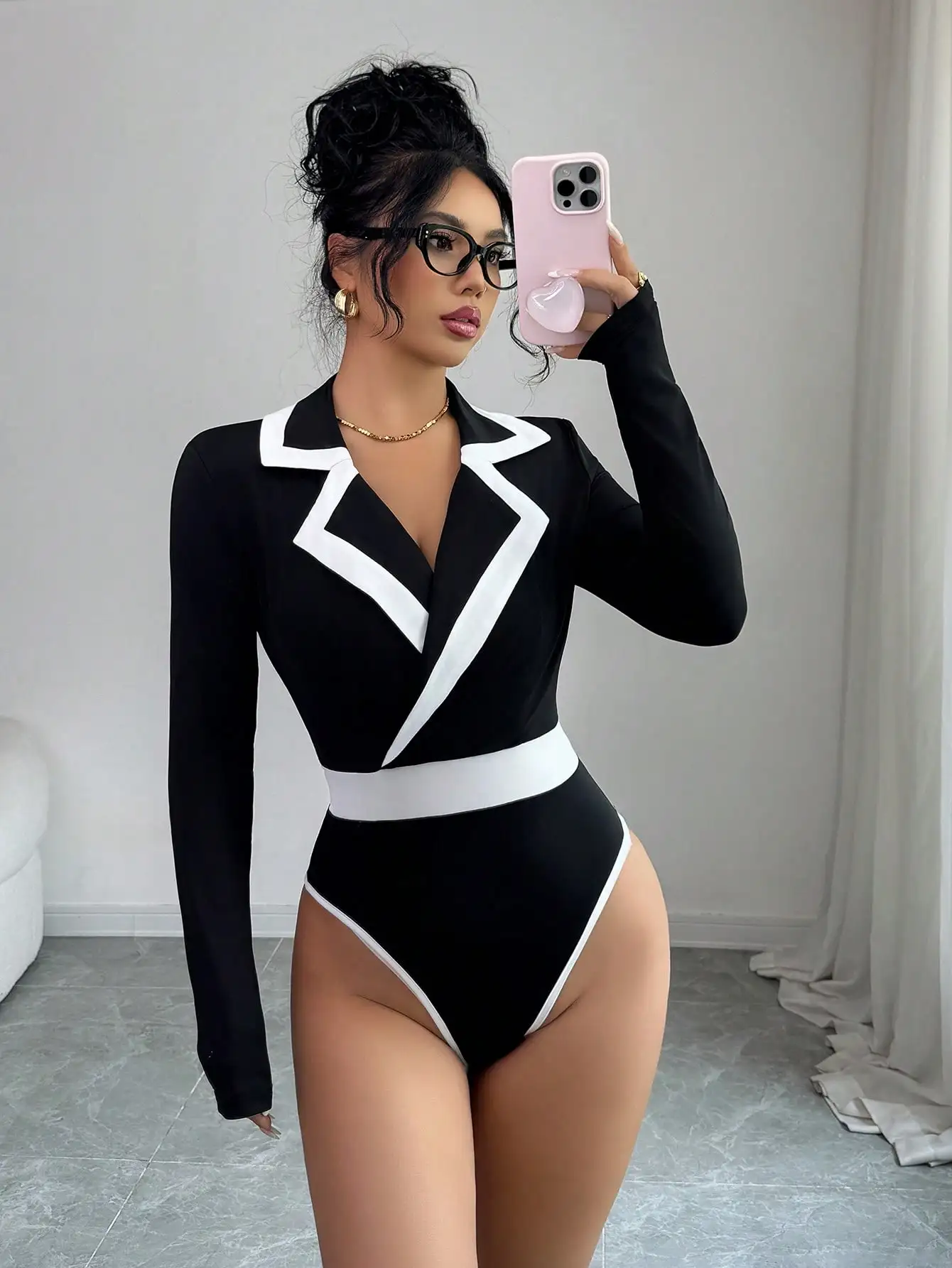 

Black & White Contrast Lapel Long Sleeve Bodysuit with High Waistband