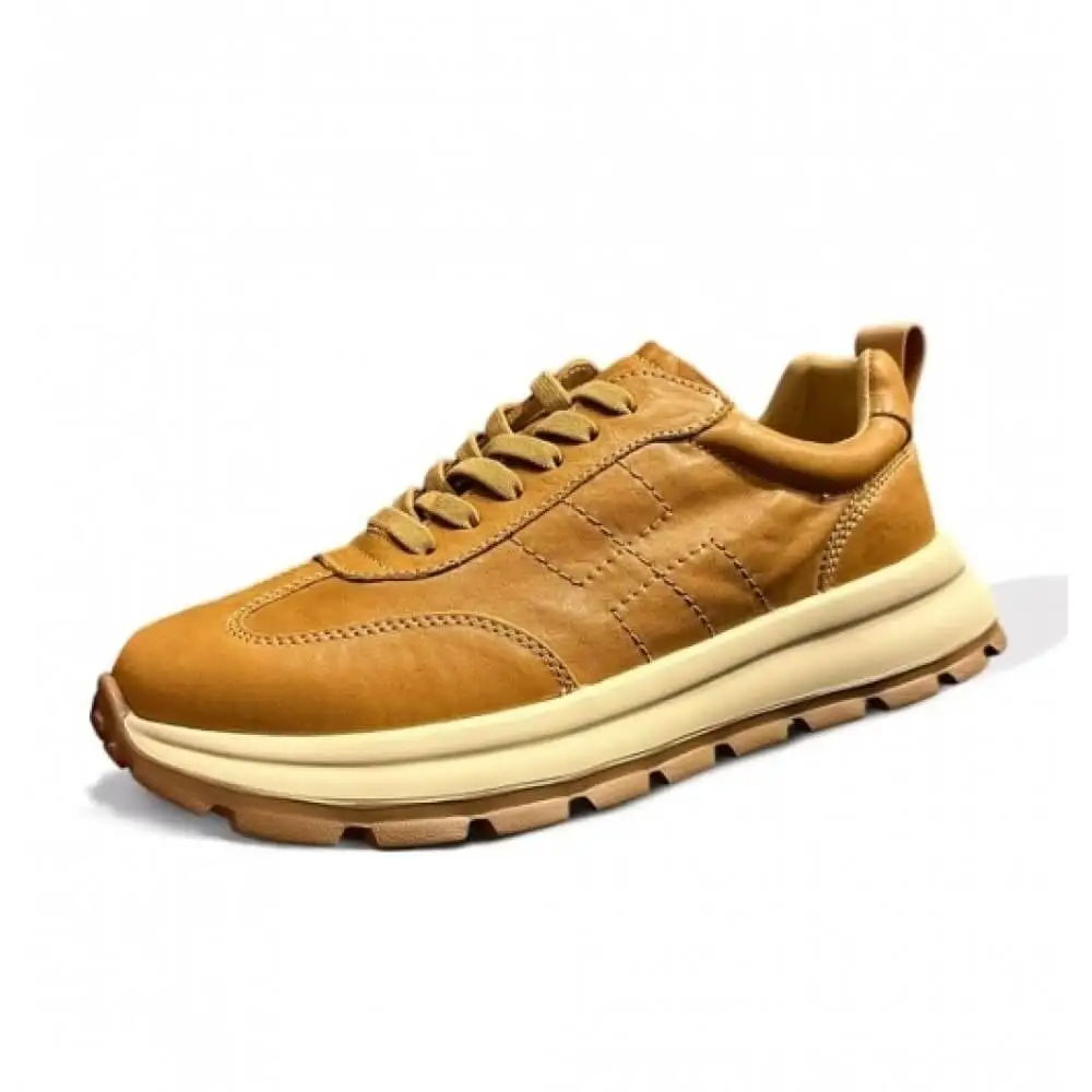 Caramel Yellow Burnished Leather Retro Sneakers, with matching laces and gum sole, stylish and comfortable
