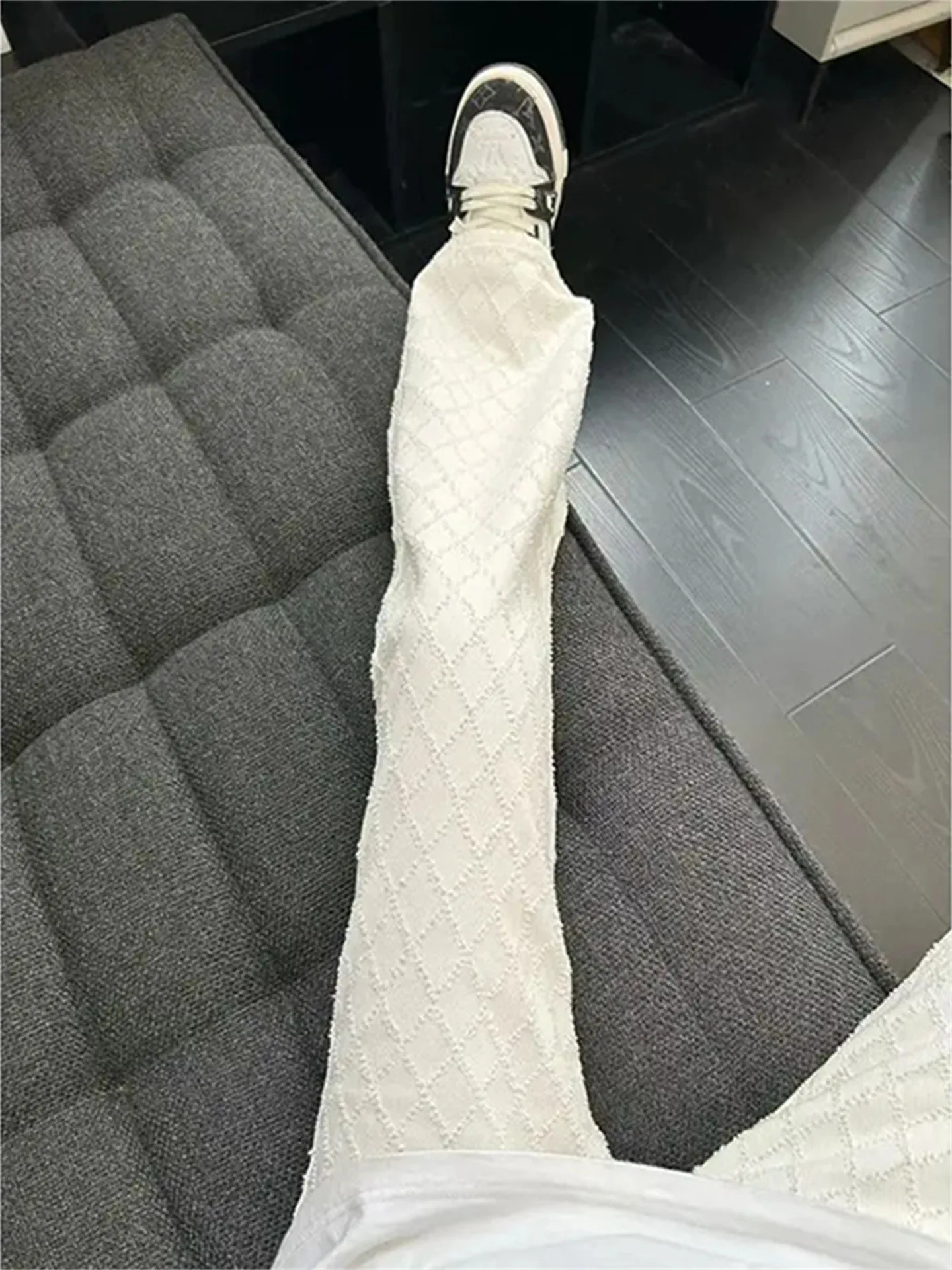 American Style White Diamond Pattern Embroidered Jeans Men Women Slimming Straight Leg Bell Bottoms High Waist Denim Pants