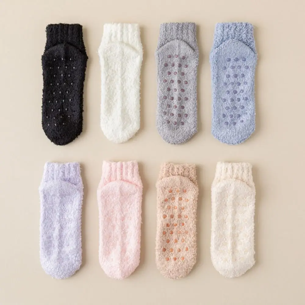 1Pair Women Winter Coral Velvet Socks Sleep Socking Silicone Non-slip Warm Floor Socks Fluffy Solid Color Cotton Socks