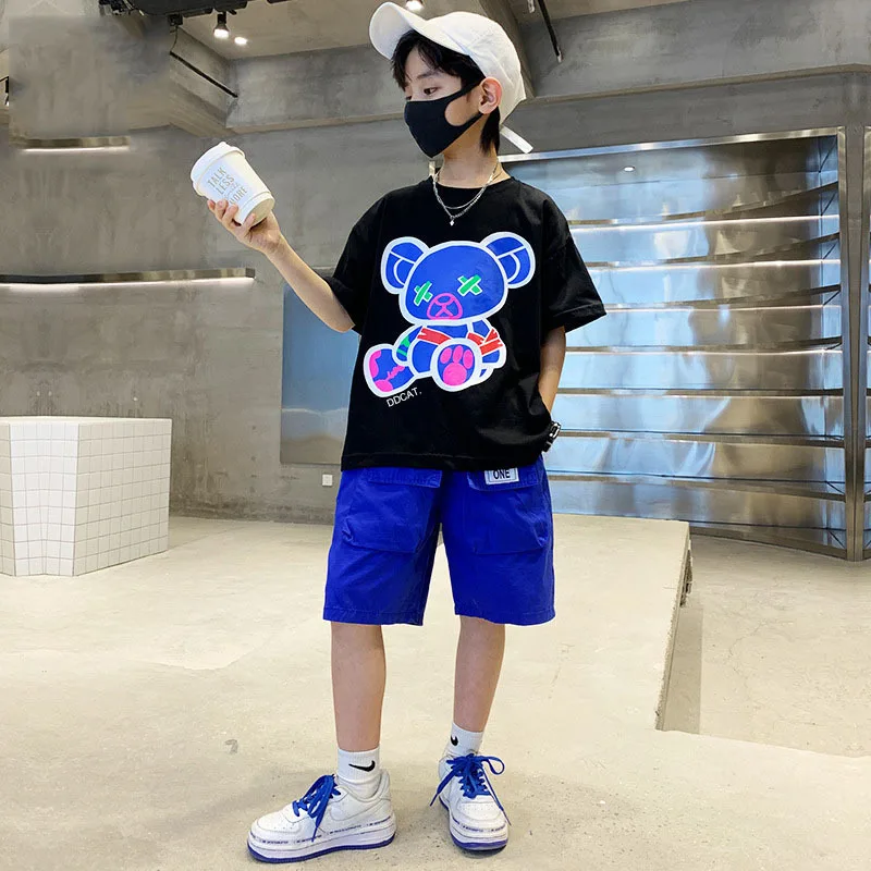 Summer Casual School Kids Cotton Color Cartoon Print Tee Tops Girls Boys Short-Sleeved T-Shirt Children Outfit Clothing 1-16Yrs