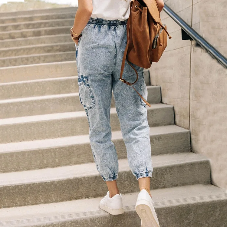 Women Jeans Bleached Lace-up Jeans Pants Ankle Length Elastic High Waist Fashion Sexy Summer Denim Pants