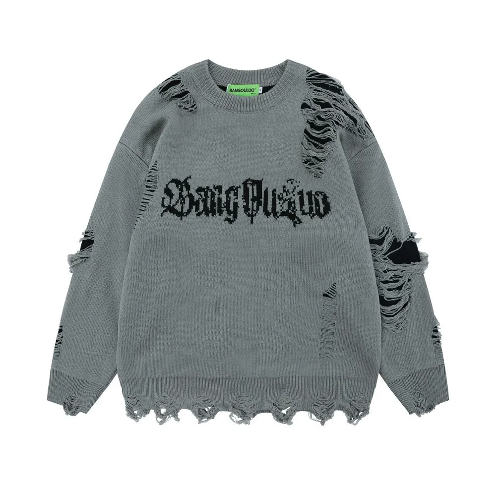 

Torn Smooth Sweater Men Retro Ripped Hole Knitted Letter Plain Jumpers Men Streetwear Hip Hop Harajuku Punk Gothic Sweaters Tops