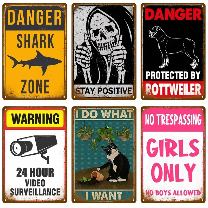 Letrero Metálico HD Vintage, Decoración de Pared con Diseño Divertido de Peligro y Advertencia, Letrero Retro con Esqueleto de Tiburón, Rottweiler, Gato, Solo para Chicas, para Hogar, Bar, Garaje