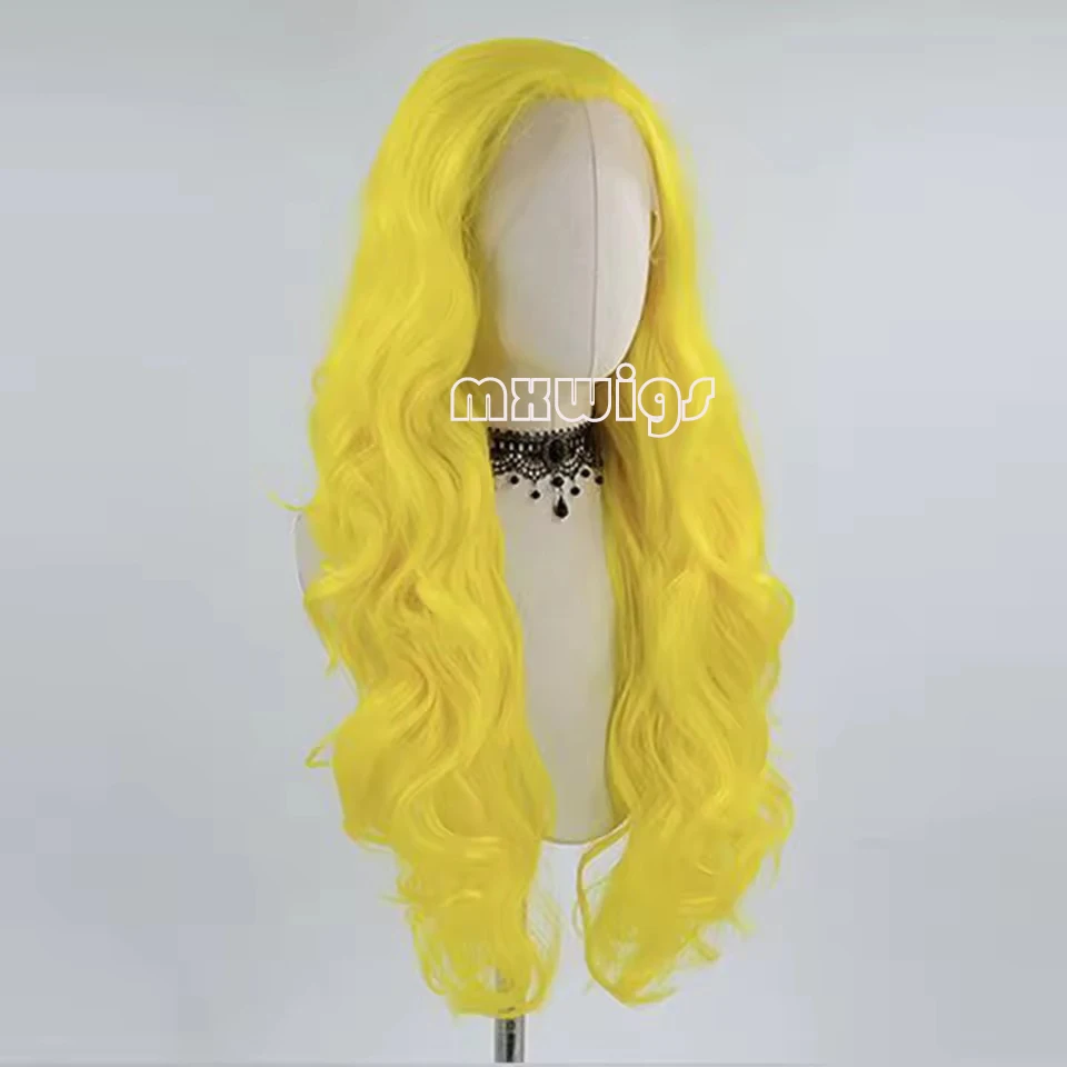 MXWIG Synthetic Hair Loose Wave Yellow Glueless 13X4 Lace Front Wig For Black Women Preplucked  Long Daily Fiber Cosplay