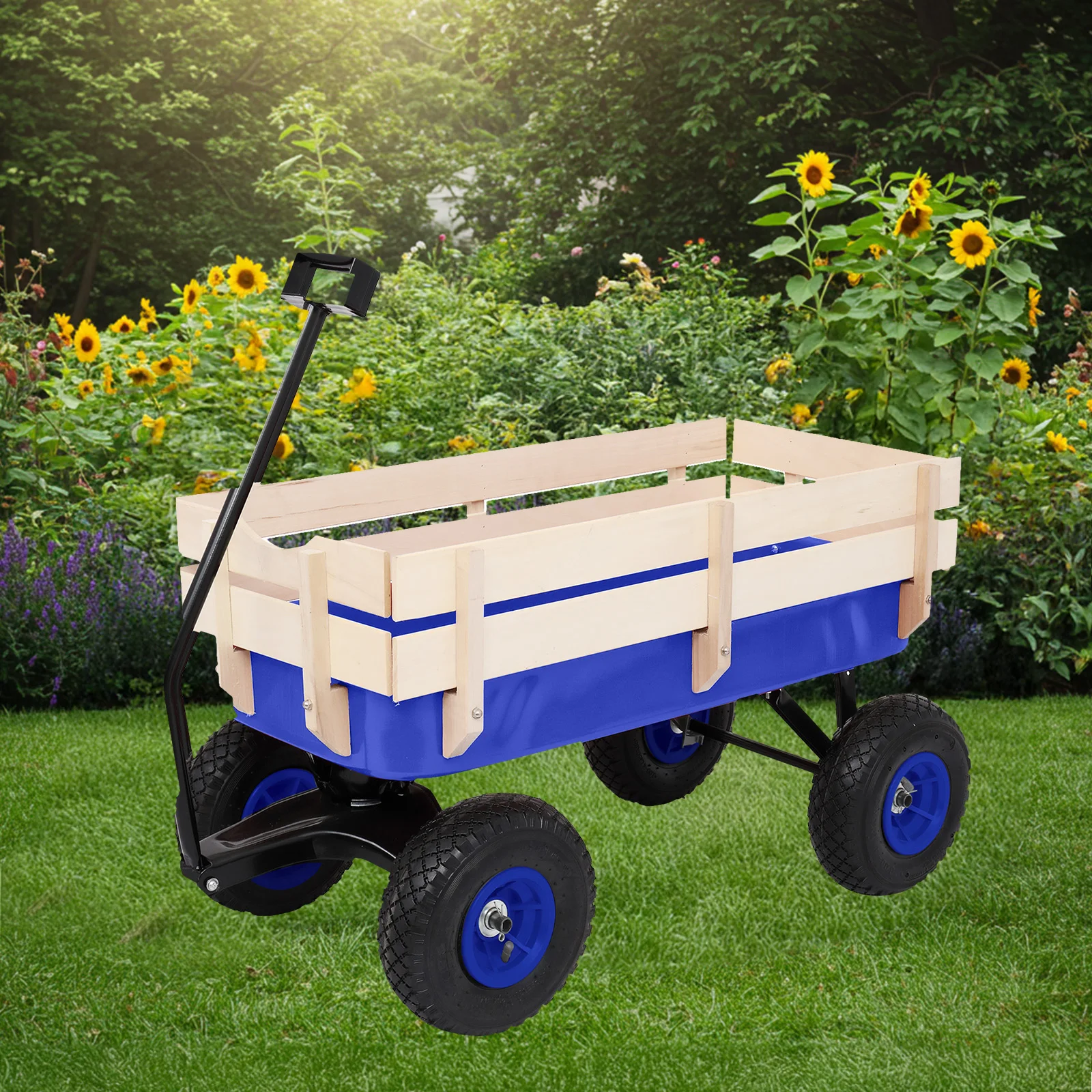 

Heavy Duty Steel Wooden Side Support Cargo Wagon with 10" All-Terrain Air Tires, Up to 220lb Load, for Gardening Supplies