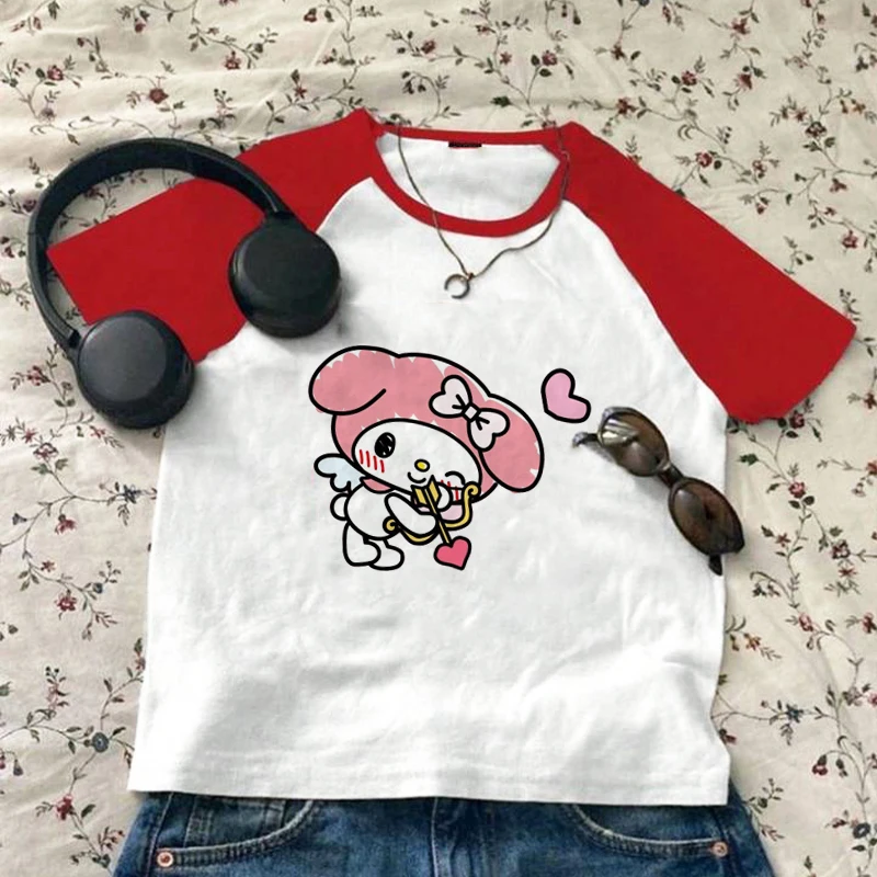 Japan Manga Cute Melody Crop T-Shirts Women Y2k Clothing Streetwear Fashion Harajuku Short Sleeve Summer Tees Casual Navel Tops