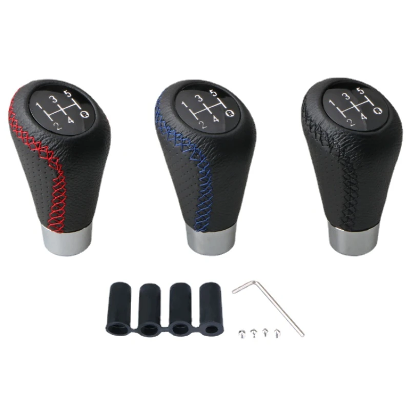 

9cm Car 5-speed Gear Shift Knob Leather Black Red Blue Line Universal Gear Shift Knob