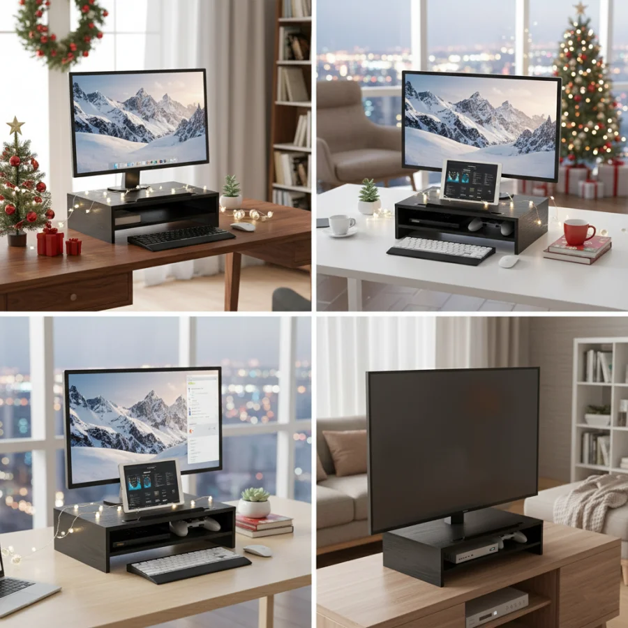 2-Tier Wood Monitor Stand Riser with Storage Shelf - Ergonomic Desk Organizer with Space-Saving Design, Sturdy A-Frame Construct