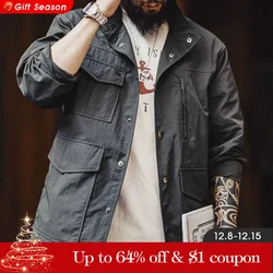 Maden Men Casual Standing Collar Waterproof Jacket Vintage Dark Gray Coat 4-Pockets Work Jacket Spring and Autumn Men's Clothes