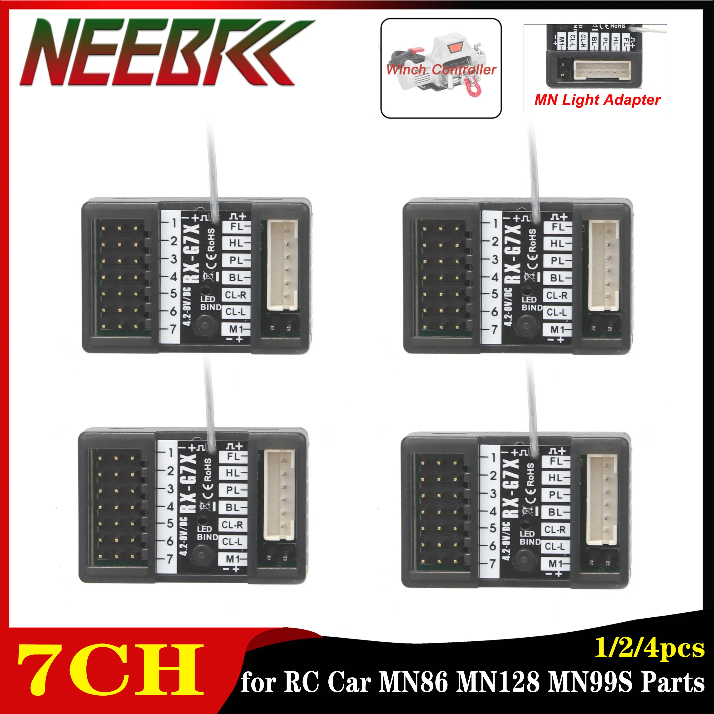 1/2/4PCS RX-G7X 7CH 2.4GHz Winch Controller Receiver Waterproof Radio System for RC Car MN86 MN128 MN99S MN98 Transmitter Parts