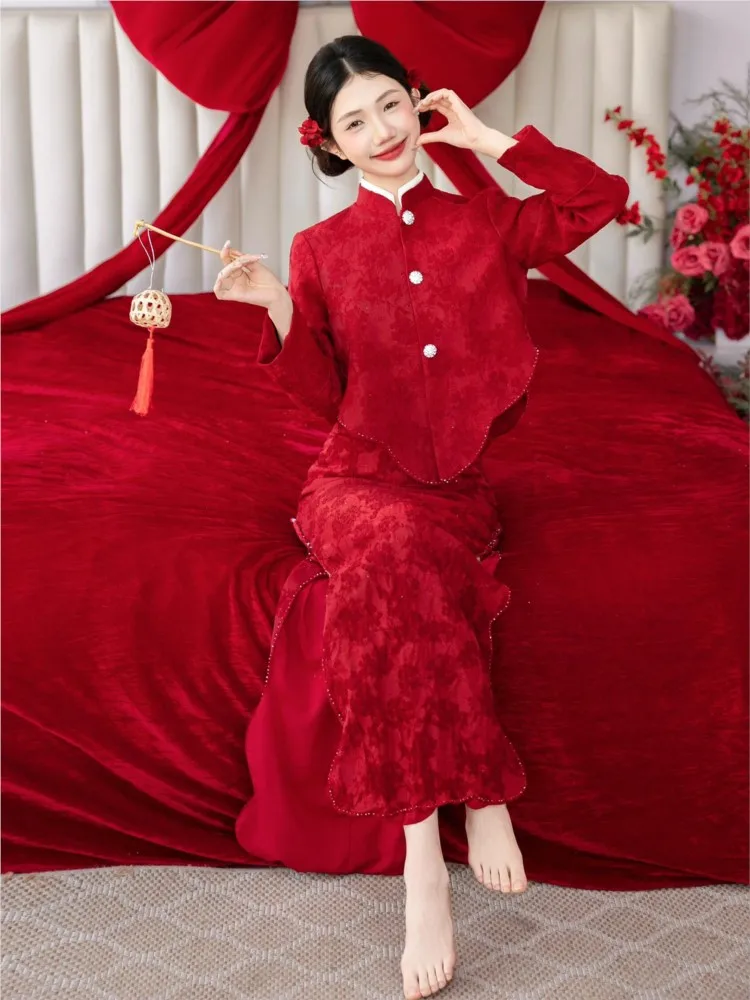 

Toasting dress bride's style new Chinese-style wedding red suit long-sleeved engagement return banquet