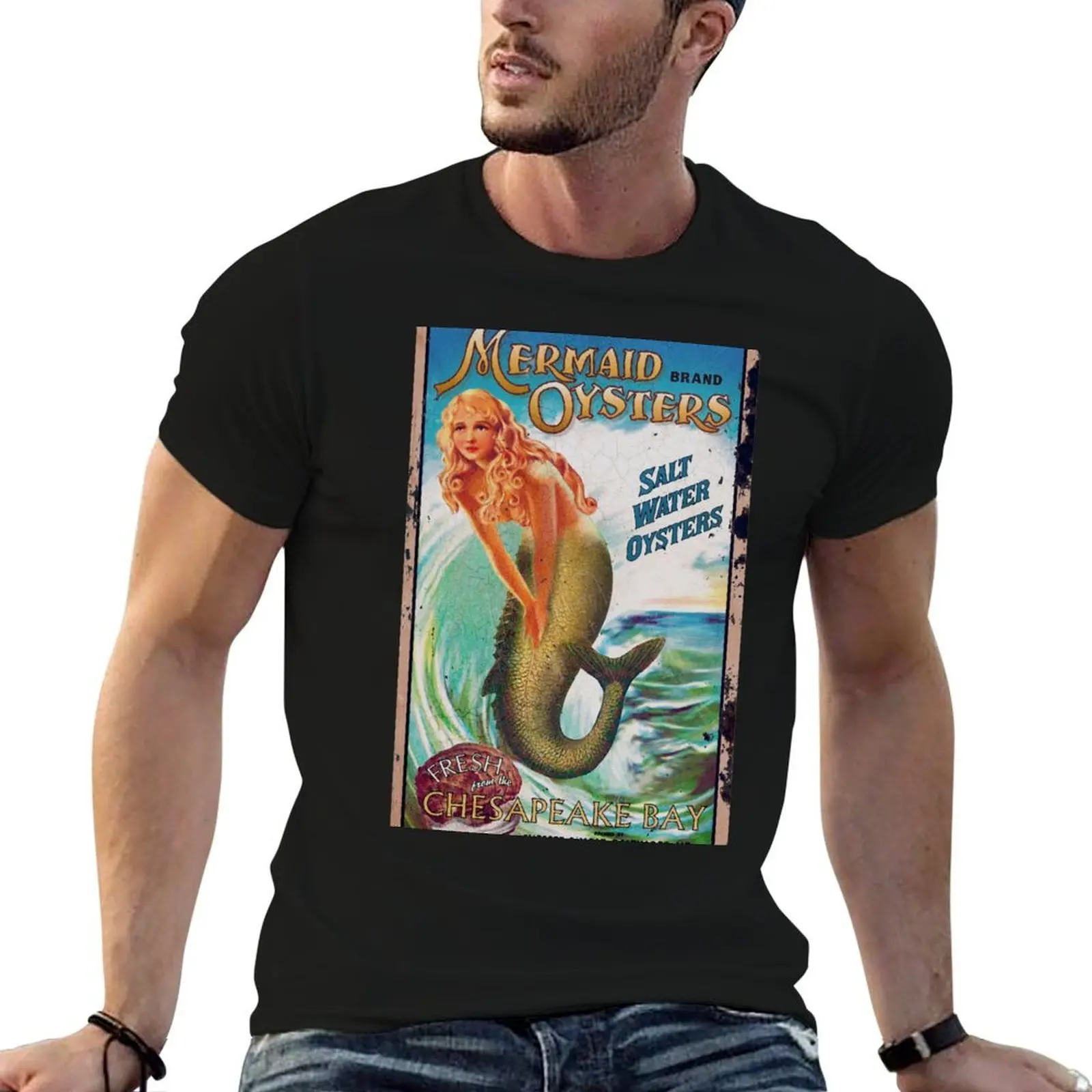 

Mermaid vintage seafood oyster food advertisement T-Shirt funny t shirts dark humor cotton t shirts high quality T-Shirt