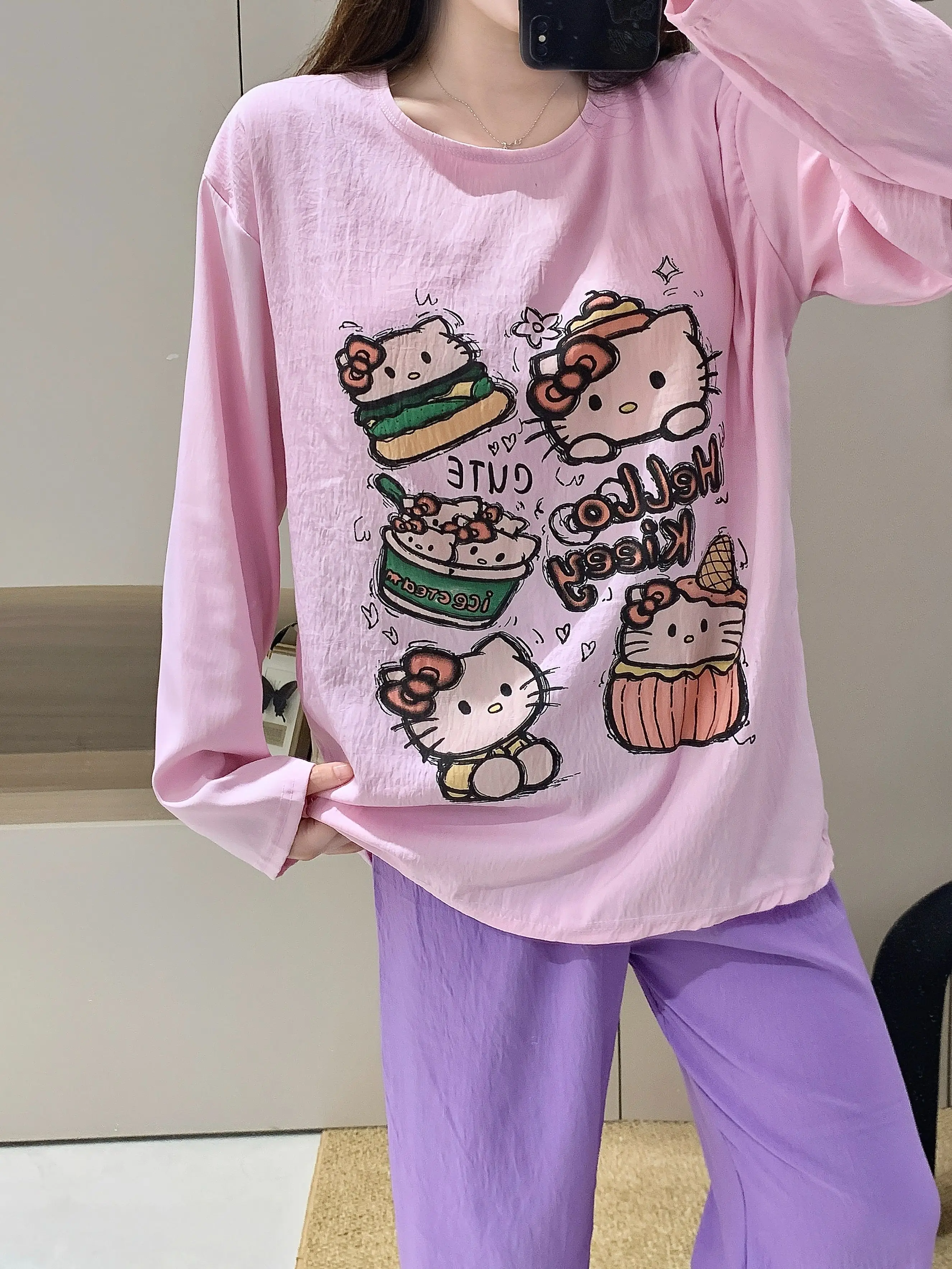 Hello Kitty Women's 2025 Cloud Cotton Pajama Set with Built-in Bra Support Fall Winter Long Sleeve Pants Home Loungewear