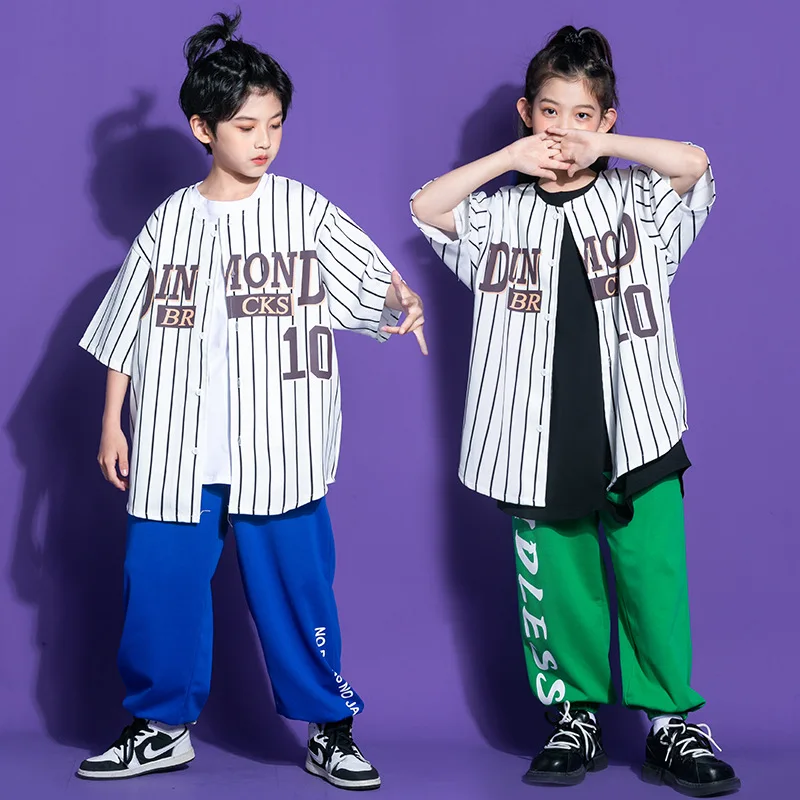 

Kid Hip Hop Clothing Striped Baseball Cardigan Shirt Top Streetwear Jogger Sweat Pants for Girl Boy Jazz Dance Costume Clothes