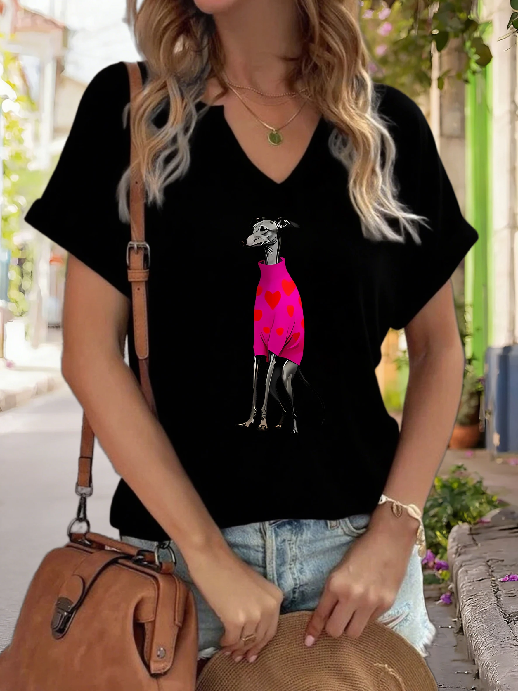 Women Summer V Neck Short Sleeve T Shirt, Cute Greyhound Wearing Heart Print Sweater Graphic, Lovely Pet Casual Tee for Ladies