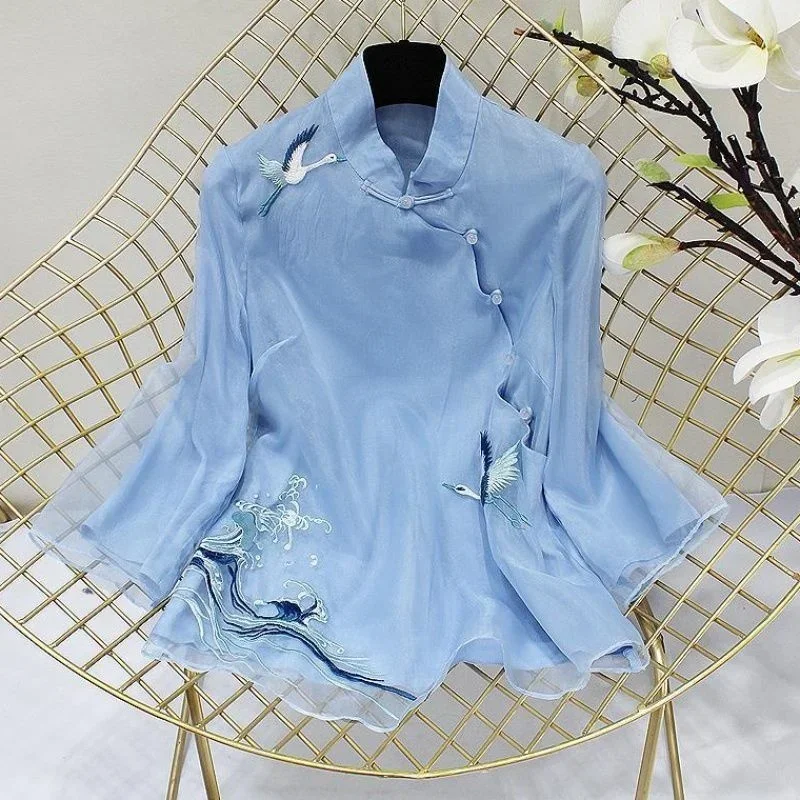 

Vintage Ethnic Style Tang Suit Shirt Crane Embroidery Chinese Harajuku Tops Women New Eleganti Loose White Blue Hanfu Blouse