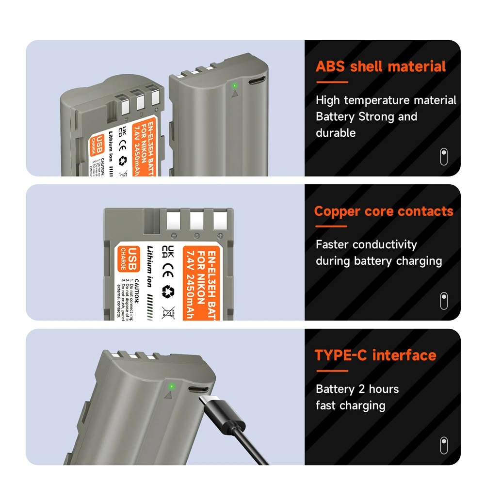 PALO 2450mAh EN-EL3e EN EL3e Battery with Type-C Charging for Nikon D300S D300 D100 D200 D700 D70 D70S D80 D90 D50 L50 Camera