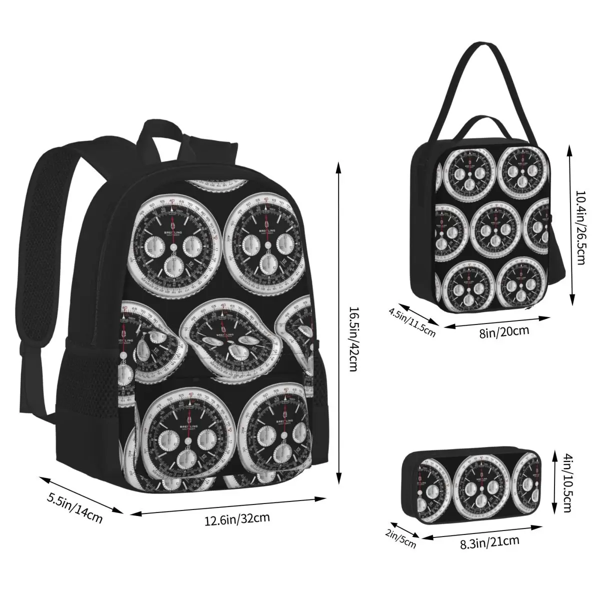 Black Luxury Watch Face Backpacks Boys Girls Bookbag School Bags Kids Rucksack Lunch Bag Pen Bag Three-Piece Set