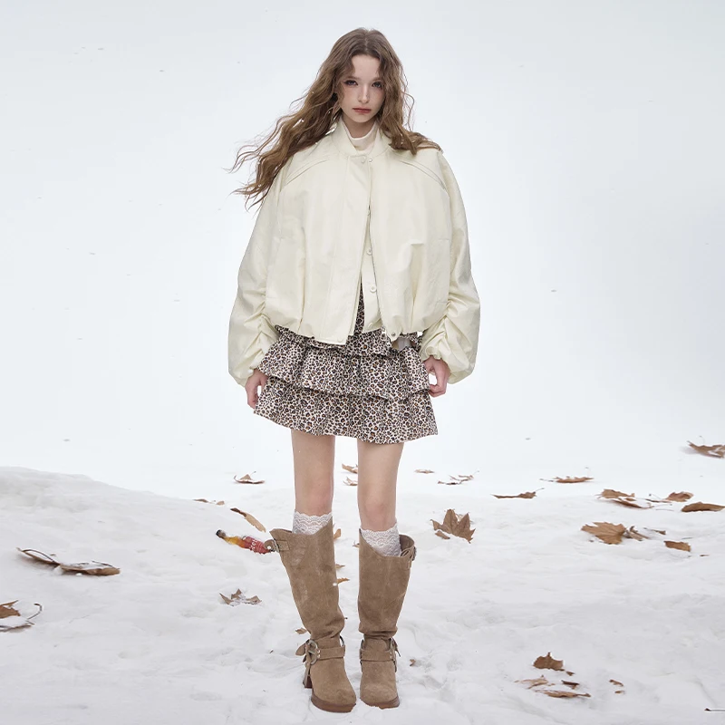 ELFSACK 2025, Winter-Neuheiten, Vintage-Stil, gestuft, Puffärmel, kurze Daunenjacke mit Rundhalsausschnitt für Damen