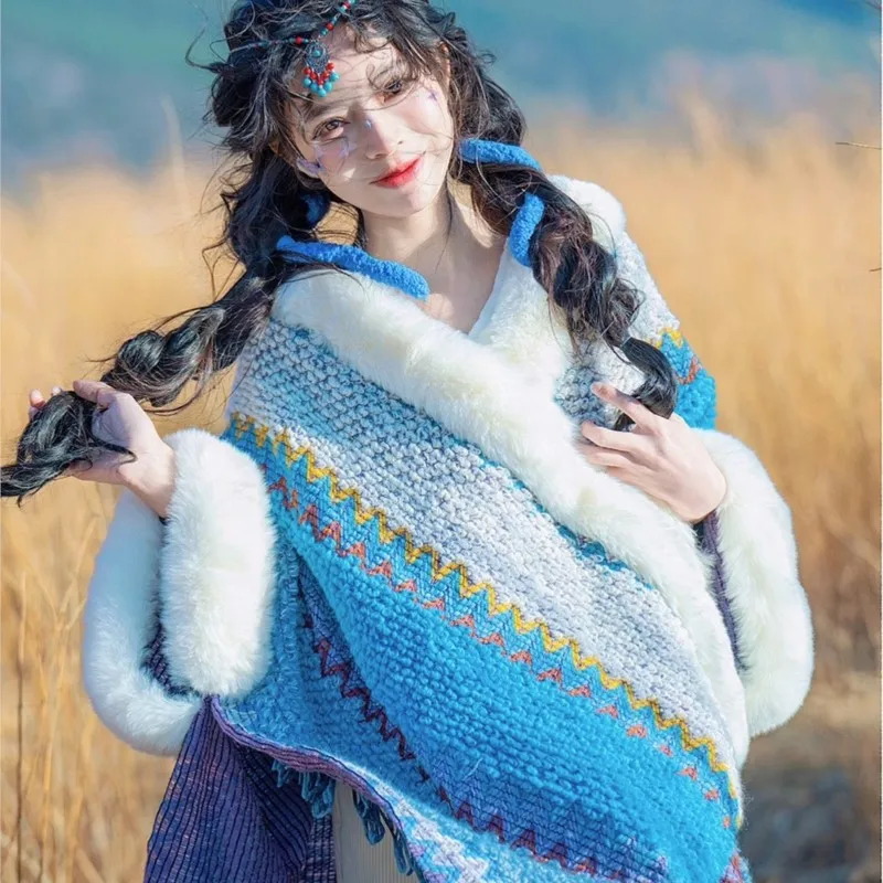 

Ethnic Style Cape Fur Collar Yunnan Shawl Temperament Female Tibet Travel Outer Wear Cloak