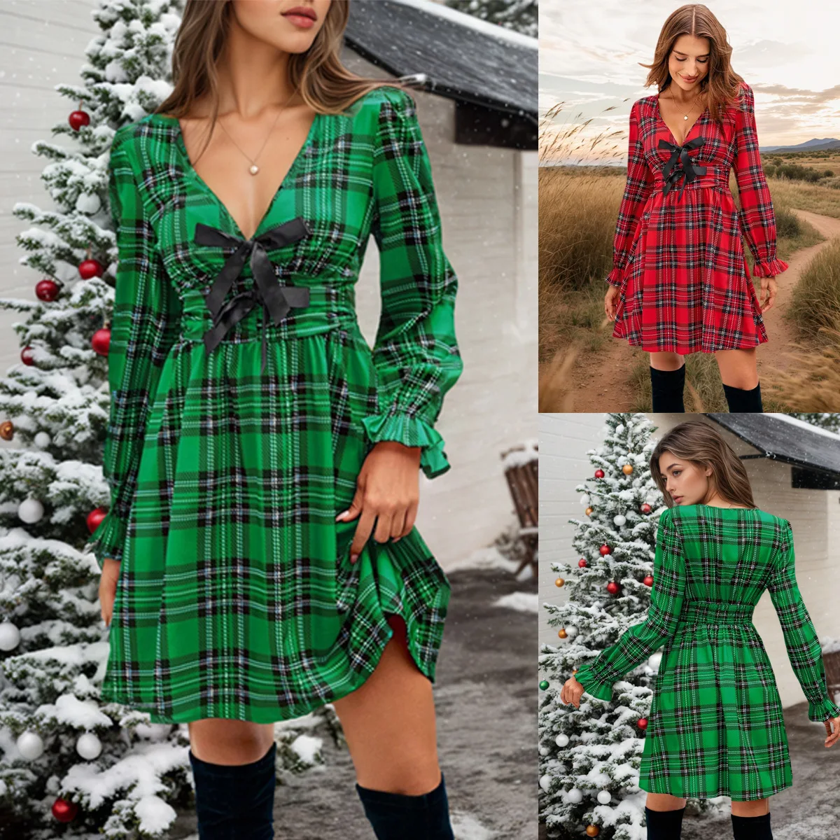 

2025 Autumn and Winter V-neck Plaid Waisted Casual Versatile Christmas Dress Women Clothing