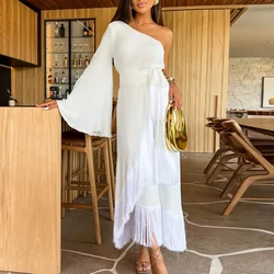 Vestidos Women Skew Collar Backless Long Dresses Spring Solid Belted Tassel Irregular Dress Fall One-shoulder Hollow Party Dress