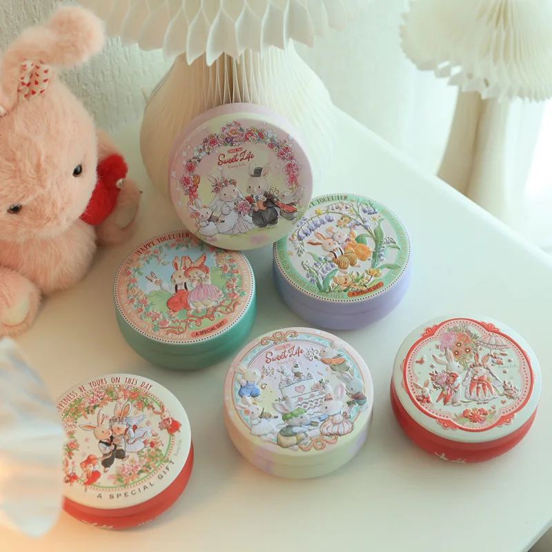 Cartoon Rabbit Dessert Tin Storage Box Small Round Seal Tea Cans Girls Bedroom Jewelry Case Metal Candy Packaging Gift Box