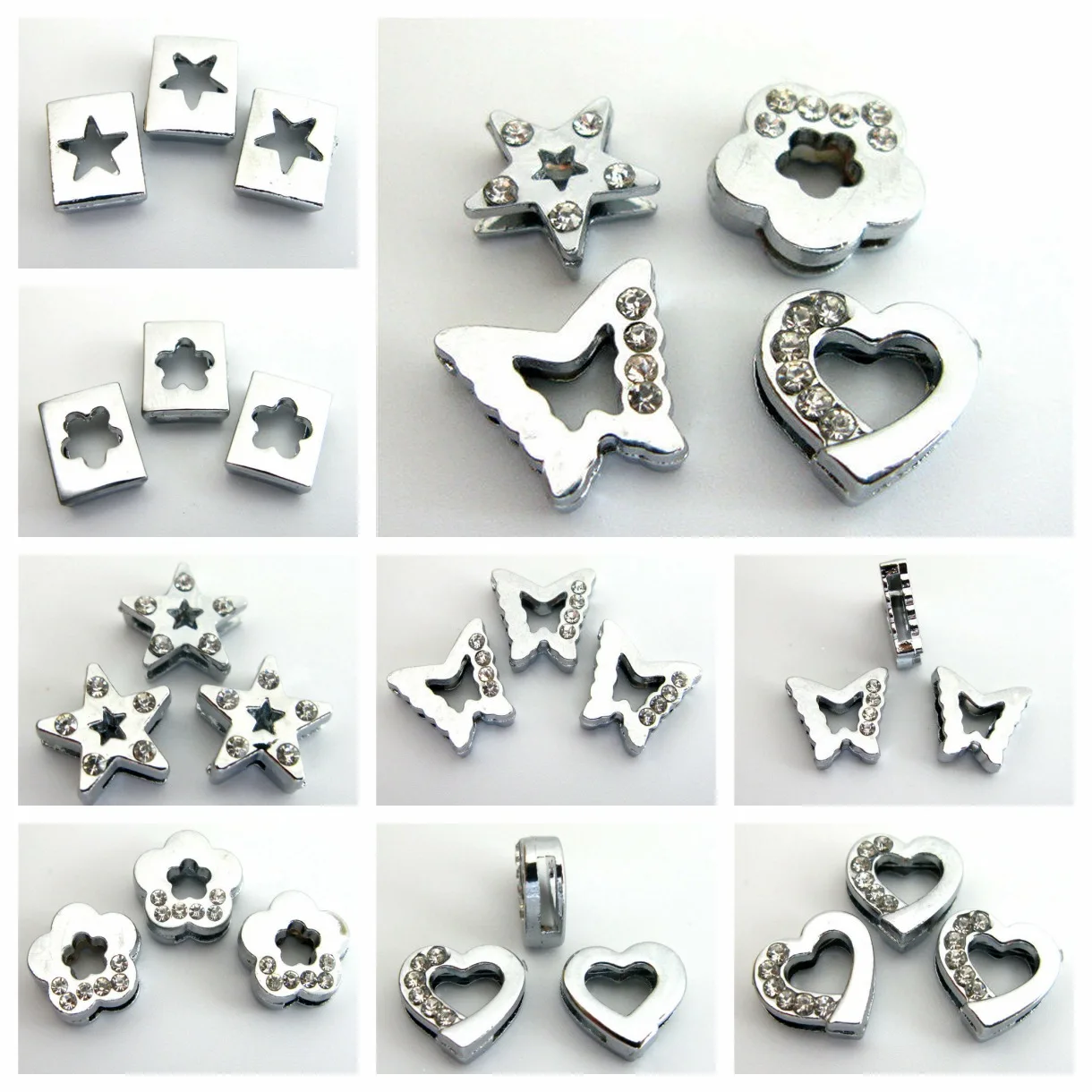 10PC/lot 8MM half rhinestones heart star flower butterfly Slide Charm For 8mm DIY Bracelet Wristband Jewelrys Making