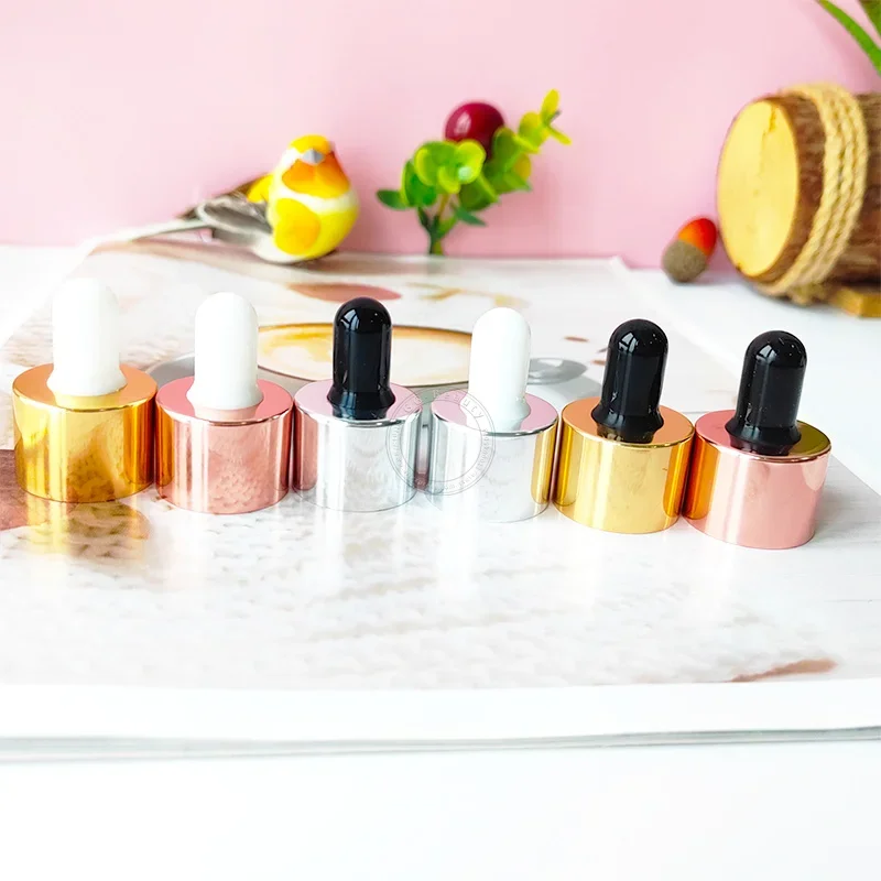 Atacado tampa conta-gotas brilhante tampa conta-gotas de vidro de alumínio pipeta de vidro transparente com cabeça de borracha para garrafa de vidro de óleo capa de maquiagem