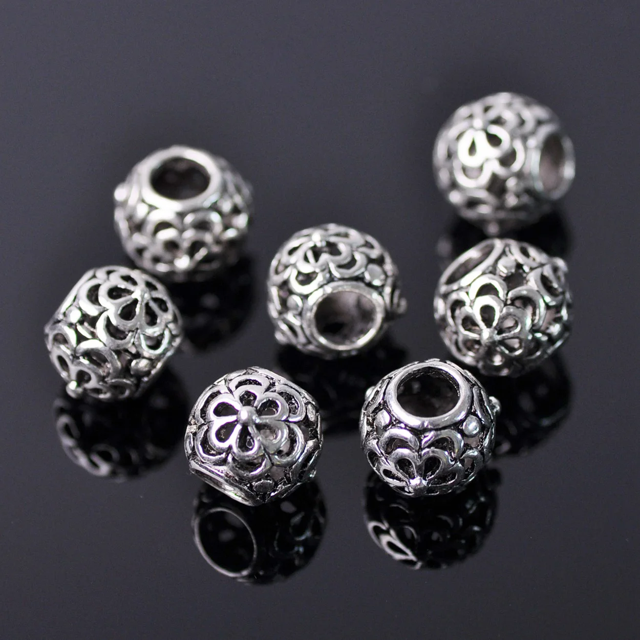 10pcs 10mm~12mm Round Hollow Charms Tibetan Silver Color Loose Big Hole Beads For Jewelry Making DIY European Charm Bracelet